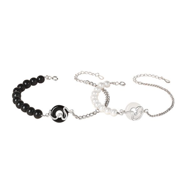 925 Sterling Silver New Chinese Obsidian Pearl Bracelet Safe Buckle Love Old Bracelet
