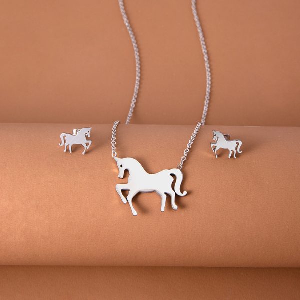 Stainless Steel Gold Silver Unicorn Horse Necklace Earrings Jewelry Set