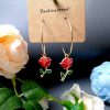 Fashion Big Circle Green Leaf Red Rose Earrings