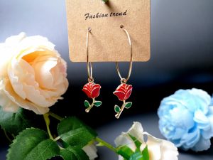 Fashion Big Circle Green Leaf Red Rose Earrings