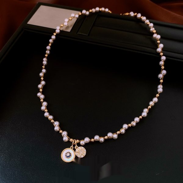 Real Gold Electroplated Zircon Pearl Round Pendant Necklace Light Luxury Clavicle Chain
