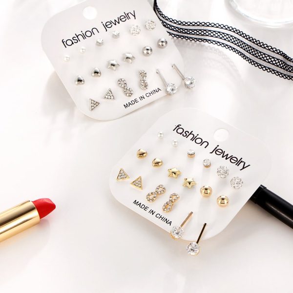 Zircon earrings set with 9 pairs of earrings set with crystal heart triangle diamond set