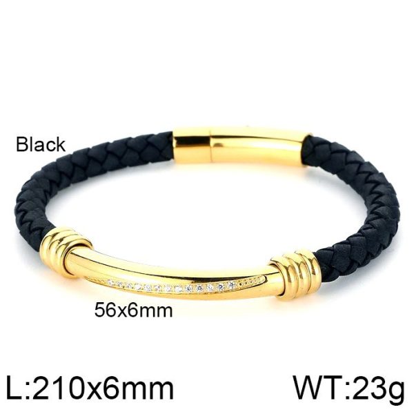 Men's Geometric Elbow Stainless Steel Diamond Leather Woven Bracelet