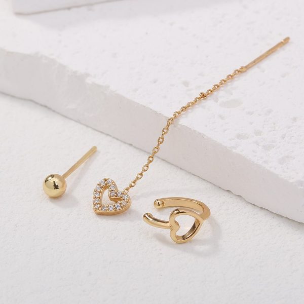Personality Minority Love Three-piece Set Of Gold Copper Micro-zircon Ear Clip Earrings Female