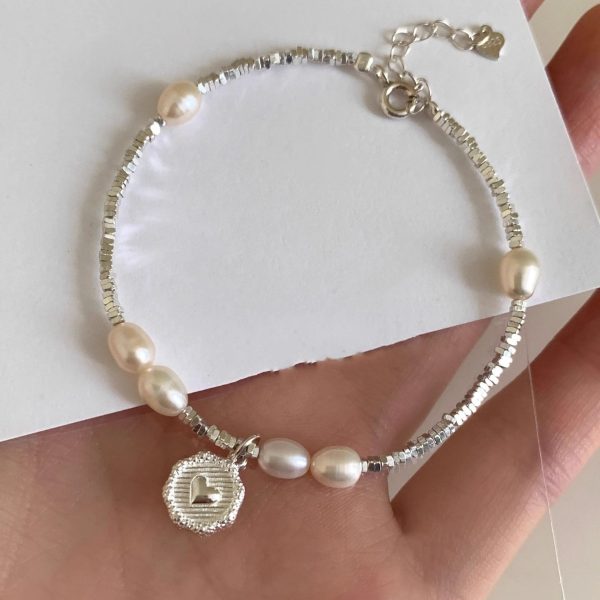925 Silver Heart-shaped Broken Silver Pearl Bracelet