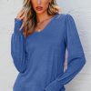 Sky Blue Shirred Shoulder Frilled Cuffs Long Sleeve Top