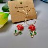 Fashion Big Circle Green Leaf Red Rose Earrings