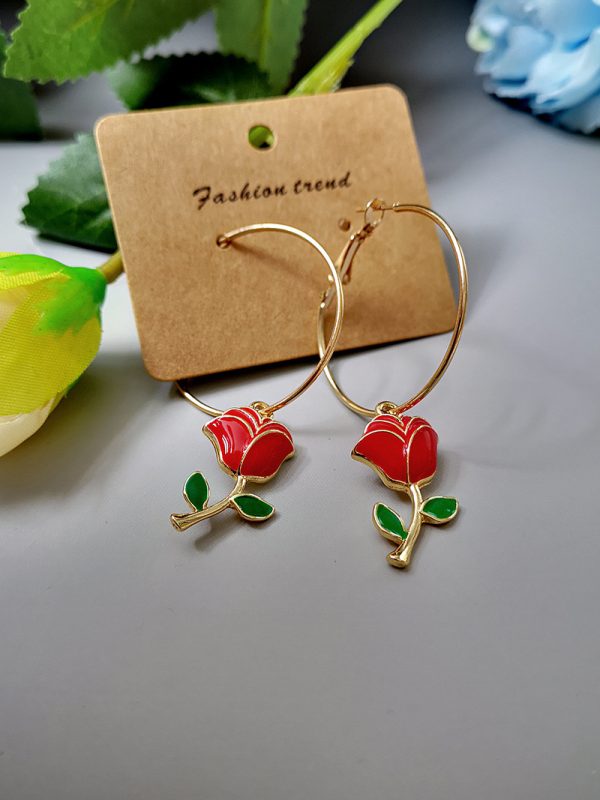 Fashion Big Circle Green Leaf Red Rose Earrings