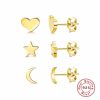 S925 Sterling Silver Compact Mini Geometric Heart-shaped Star Moon Set Ear Studs