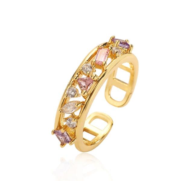 European And American Special Interest Light Luxury Copper Plating 18K Gold Zircon Pearl Geometric Adjustable Ring For Women