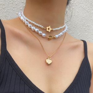 European And American Jewelry Elegant Geometric Pearl Set Necklace Simple Temperament Small Flower OT Buckle Heart-shaped Necklace