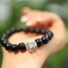 Natural 10MM Black Agate Bracelet Women's Sterling Silver