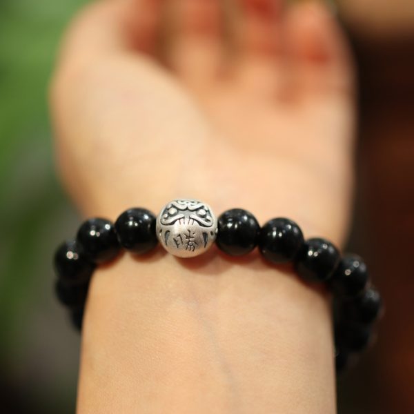 Natural 10MM Black Agate Bracelet Women's Sterling Silver