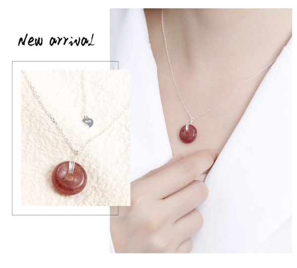 S925 Sterling Silver Strawberry Quartz Necklace Special-interest Design Peace Buckle