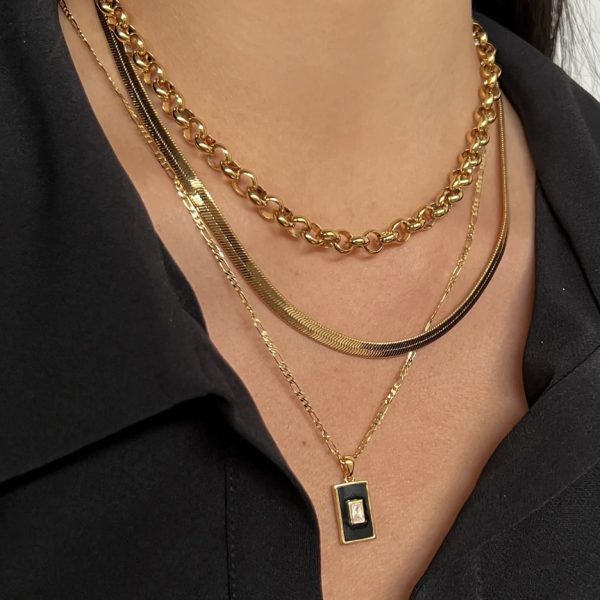 Vintage 18K Gold Plated Titanium Square Shell Zircon Necklace Jewelry Set
