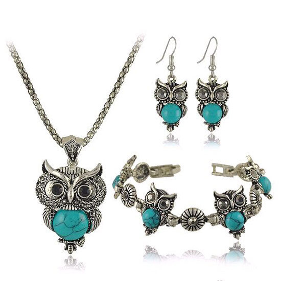 Turquoise Jewelry Set Vintage Imitation Thai Silver Owl Three-piece Set Chain