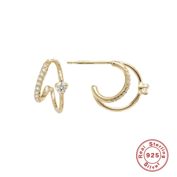 S925 Sterling Silver Layered C- Shaped Pave Claw Set Double Earrings