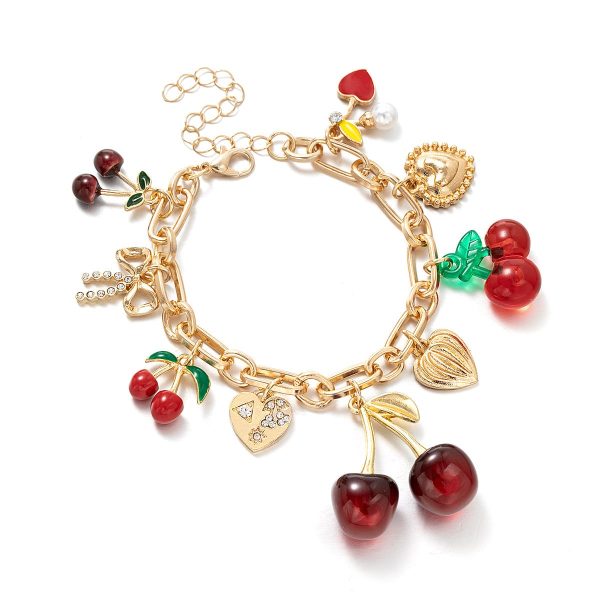 Cherry Alloy Peach Heart Bow Pendant Adjustable Bracelet