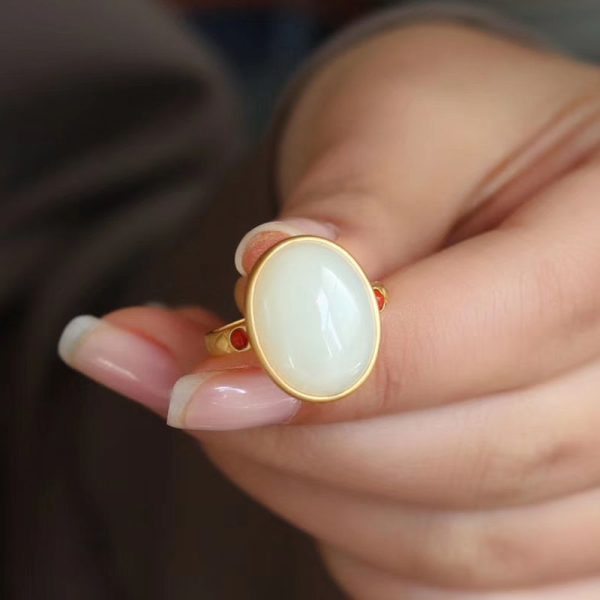 Gilding Inlaid Hetian Egg Noodles Elegant Female Open Ring