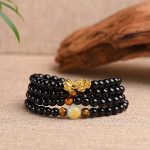 Obsidian 12 Zodiac Signs 108 Luminous Sand Golden Pixiu Buddha Beads