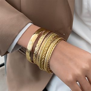 Ethnic Style Alloy Retro Wide Gold Glossy Wristband Bracelet 10 PCs Set