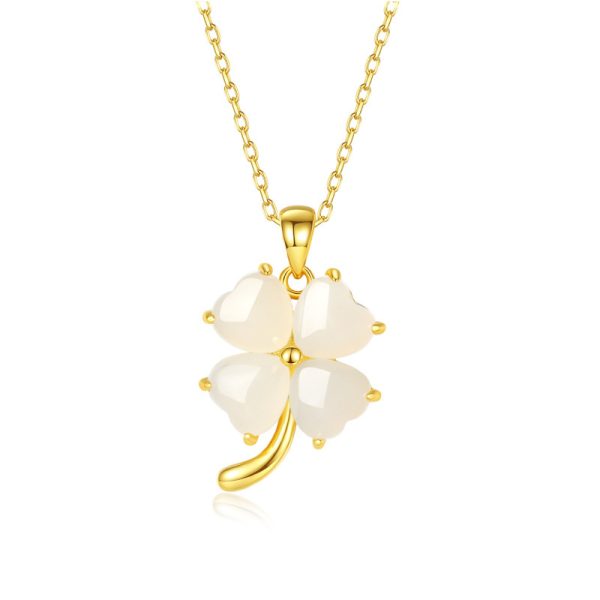 Lucky Four-leaf Clover Necklace Female S925 Sterling Silver Hetian Jade