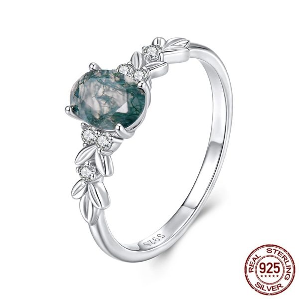S925 Sterling Silver Seaweed Agate Ring For Women Elegant Retro