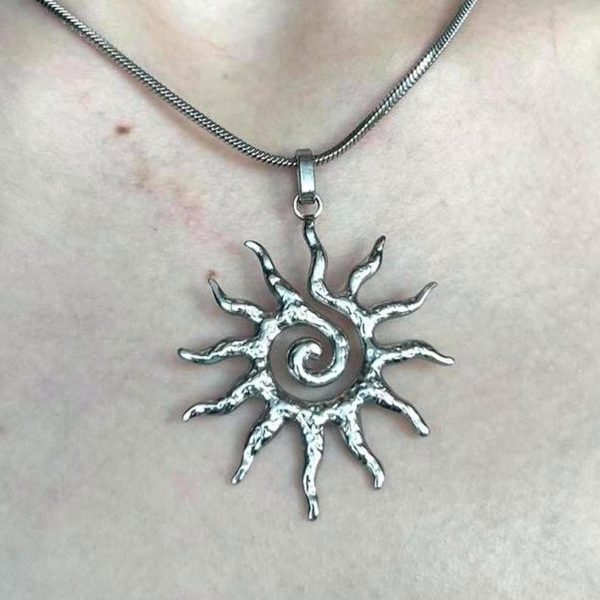 Stainless Steel Tribal Spiral Sun Pendant Necklace On Snake Chain