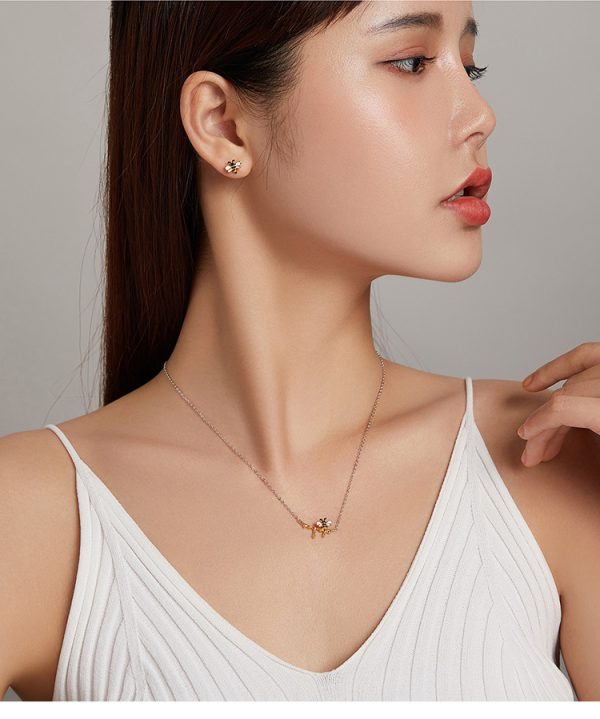 Real Gold Plated Small Bee Earrings Necklace Set, Garden Style Insect S925 Silver Jewelry