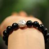 Natural 10MM Black Agate Bracelet Women's Sterling Silver