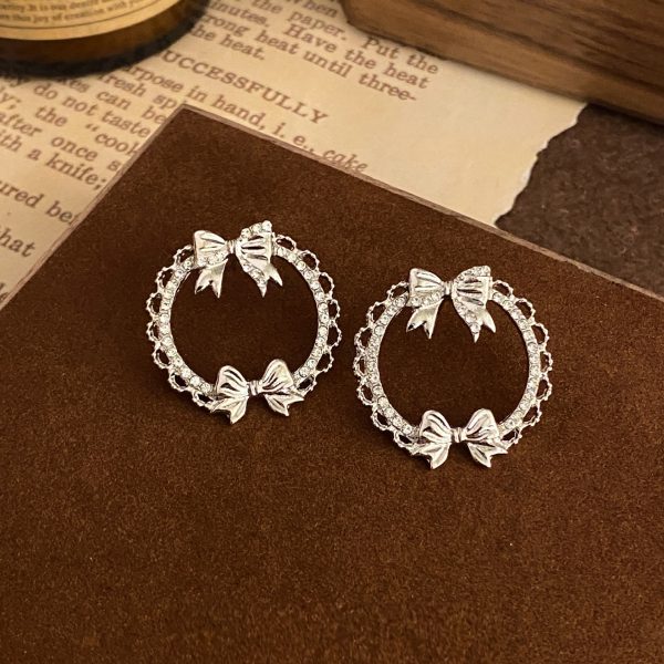 French Style Temperament Bowknot Zircon Stud Earrings Geometric Hollow Circle