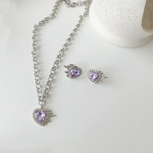 Ladies Heart Purple Peach Heart Water Diamond Earrings Necklace Jewelry Set