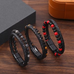 Hand-woven Natural Tigereye Leather Beaded Men
