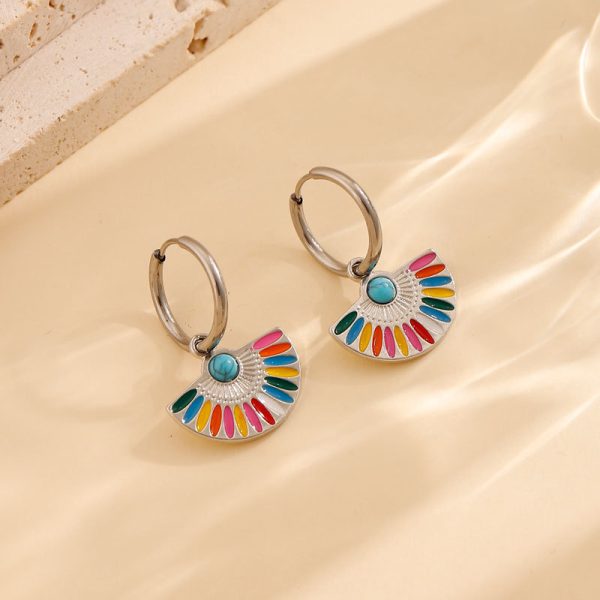 Oil Dripping Color Fan-shaped Circle Stitching Female Fashion Personality Retro Dual-wear Earrings