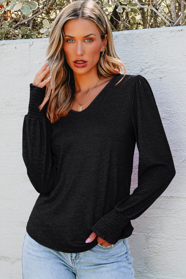 Sky Blue Shirred Shoulder Frilled Cuffs Long Sleeve Top