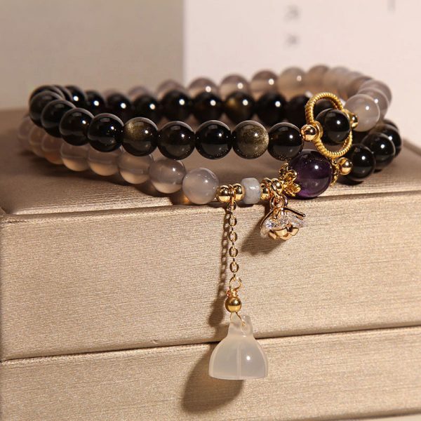 All-Match Gold Obsidian Lotus Seedpod Pendant Natural Gray Agate Double Ring Crystal Bracelet For Women