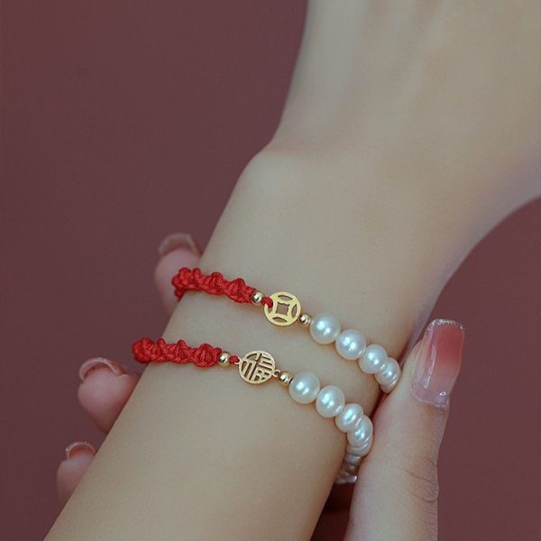 Women's Pearl Braided Red Rope Bracelet