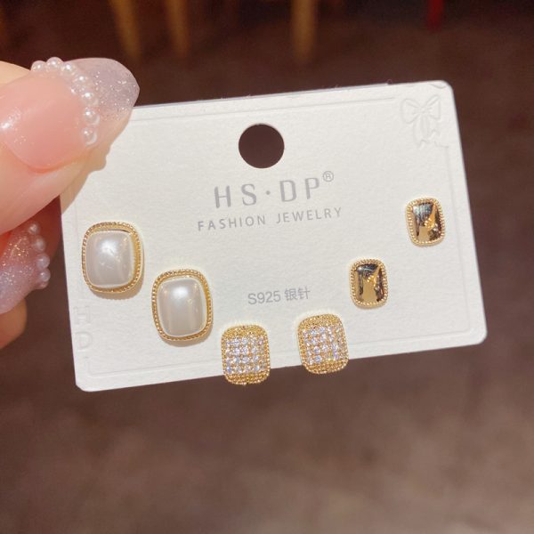 Sterling Silver Needle Exquisite Fashion All-match Cute Three-piece Set Combination Ear Studs