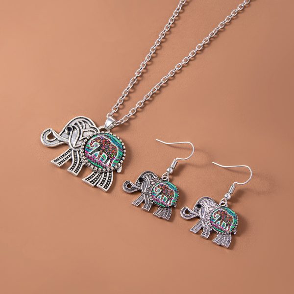 Vintage Ethnic Thai Silver Elephant Jewelry Set Necklace Bracelet Earrings For Women