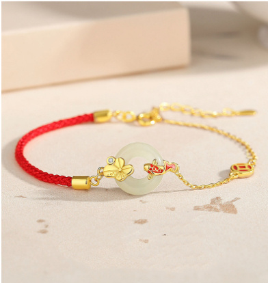 Koi Peace Buckle Hetian Jade Red Rope Bracelet