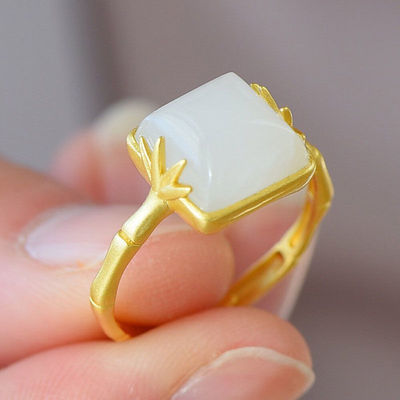 S925 Silver Ring Natural Hetian Gray Jade Retro