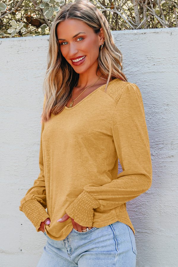 Sky Blue Shirred Shoulder Frilled Cuffs Long Sleeve Top