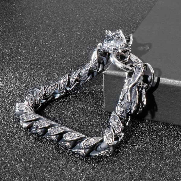 Vintage Distressed Power Style Personalized Double Chinese Dragon Heads Titanium Steel Bracelet