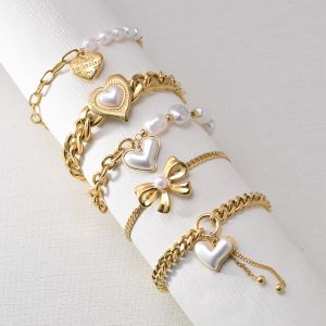 Heart Bracelet Stainless Steel Gold-plated Pearl Handmade Chain