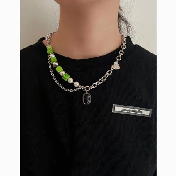 Green Natural Stone Panel Necklace