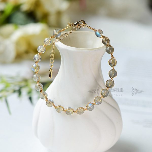 14K Gilded Natural Crystal Blue Moonstone Bracelet For Women