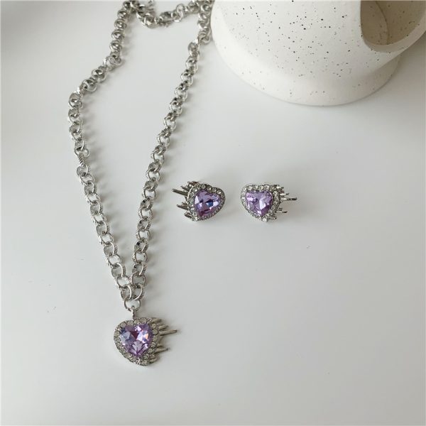 Ladies Heart Purple Peach Heart Water Diamond Earrings Necklace Jewelry Set