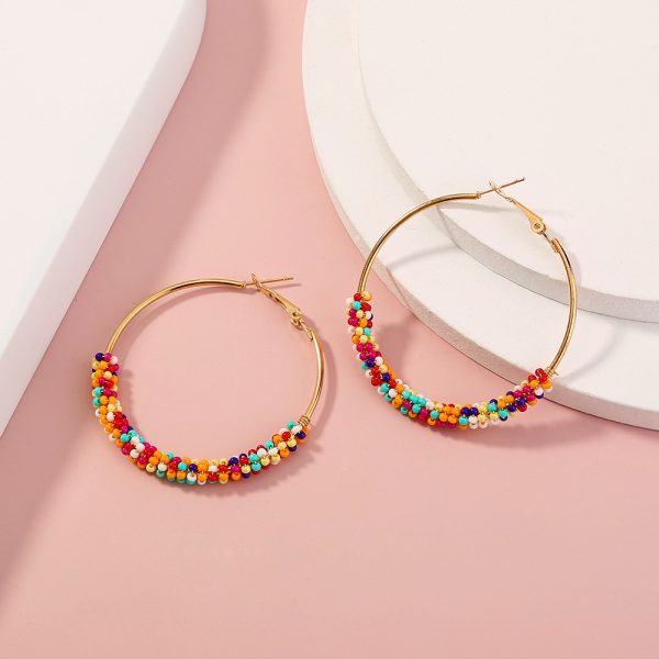 Bohemian Ethnic Style Multicolor Rice Beads Exaggerated Golden Large Circle Earrings
