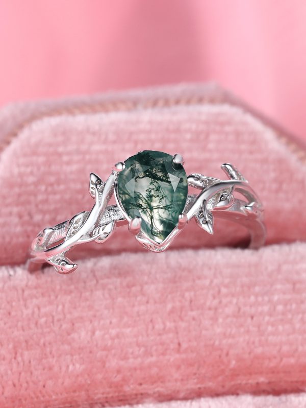 S925 Silver Drop-shaped Agate Edge Branch Leaf Ring