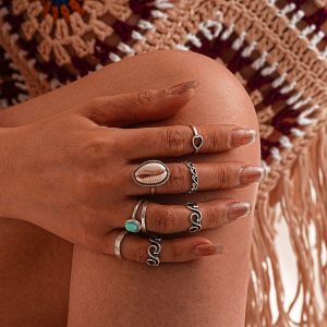 Personality Heart Shell Turquoise 8 Pieces Set Rings